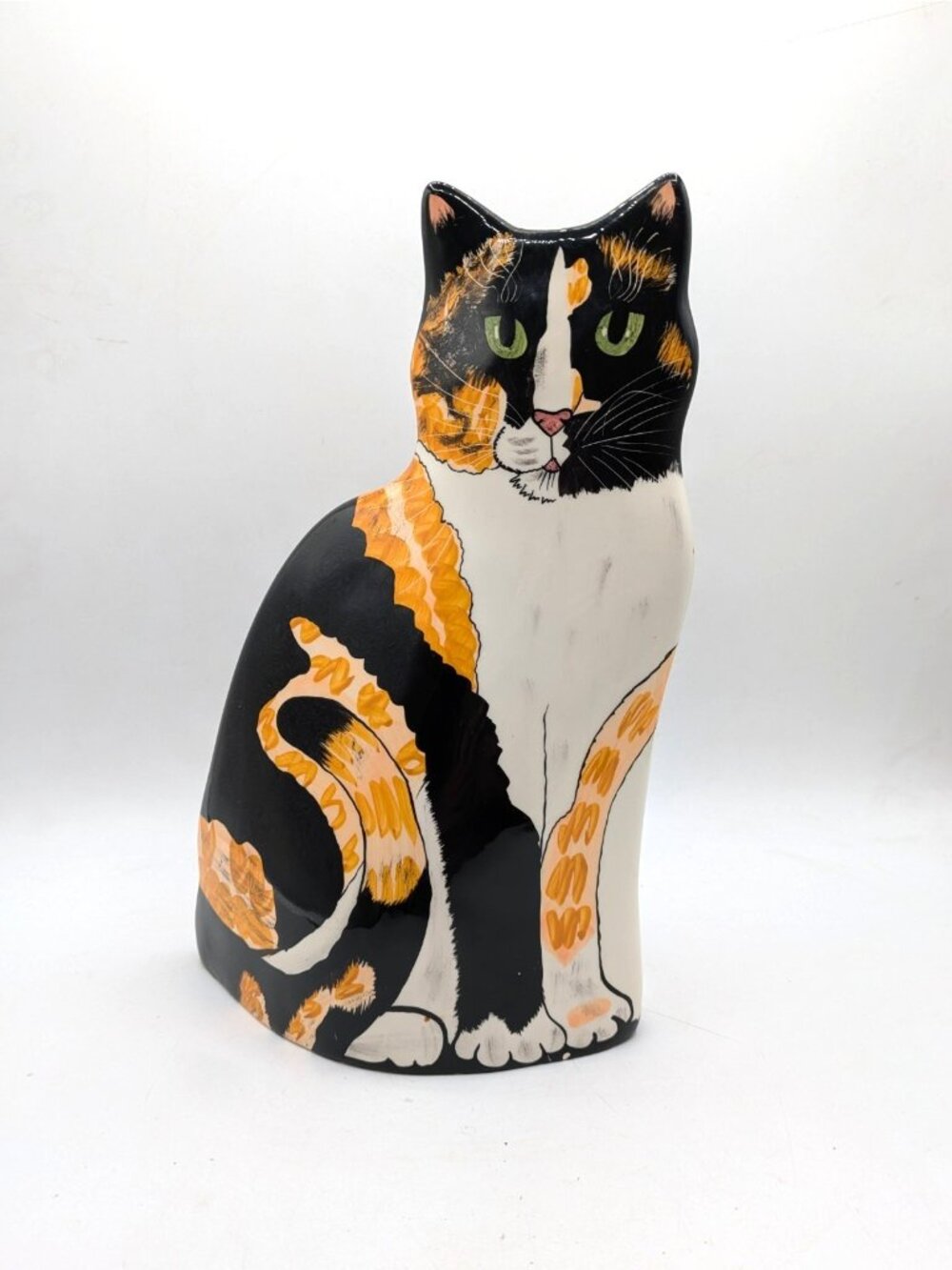 Cats by Nina Ceramic Cat Vase Calico Kitty Black Orange Tabby Green Eyes 11"